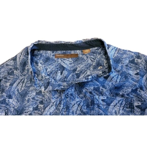 Perry Ellis XL Blue White Leaf Long Sleeve  Button All Over Print Pattern Shirt - Picture 1 of 6